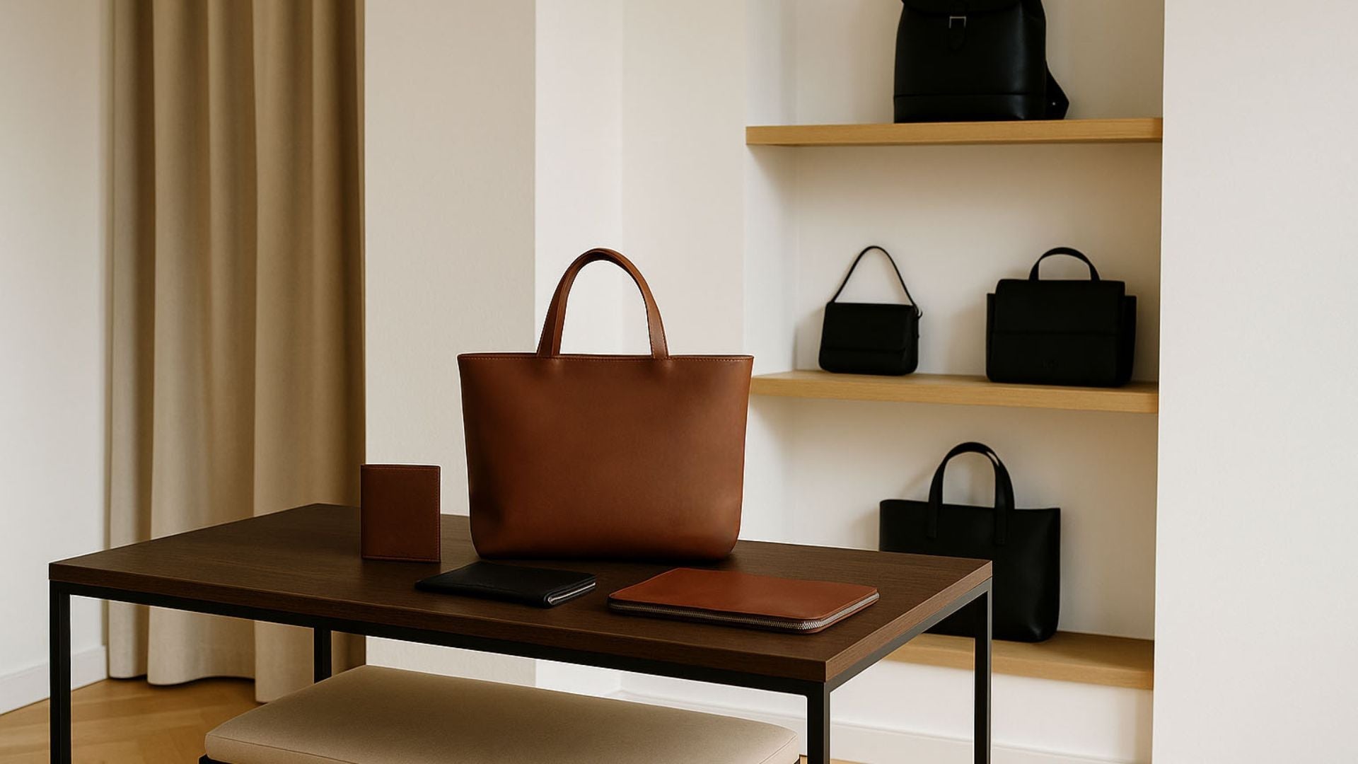 Minimalistisch eingerichteter Showroom mit eleganter brauner Ledertasche auf Holztisch – schwarze Design-Handtaschen im Regal im Hintergrund