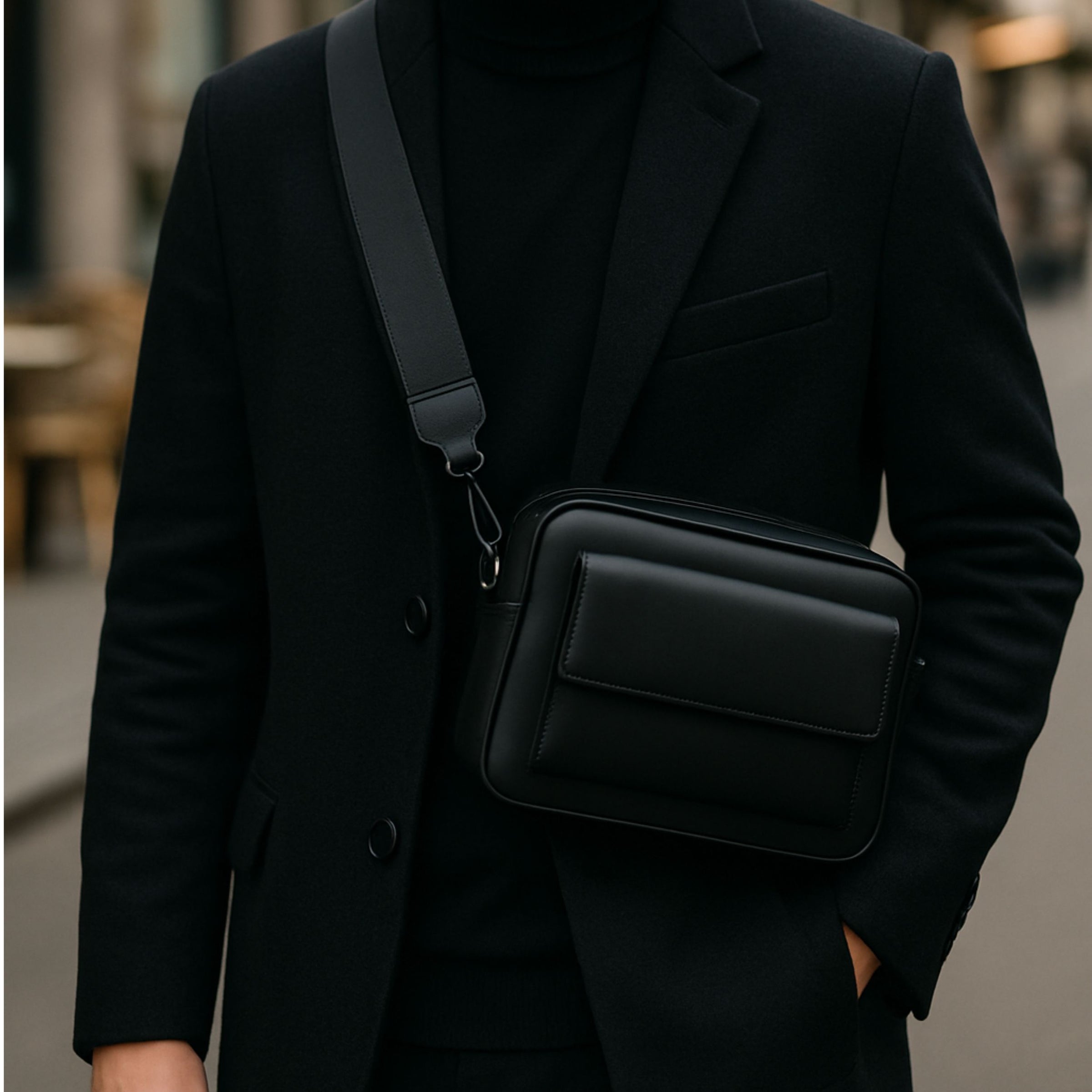 Man trägt elegante schwarze Umhängetasche aus Leder mit Nylon- Gurt im modernen urbanen Look