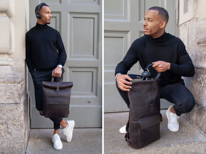 Rolltop Leder Rucksack POLIS Chocolate aus echtem Leder von PURE Leather Studio | PURE Leather Studio