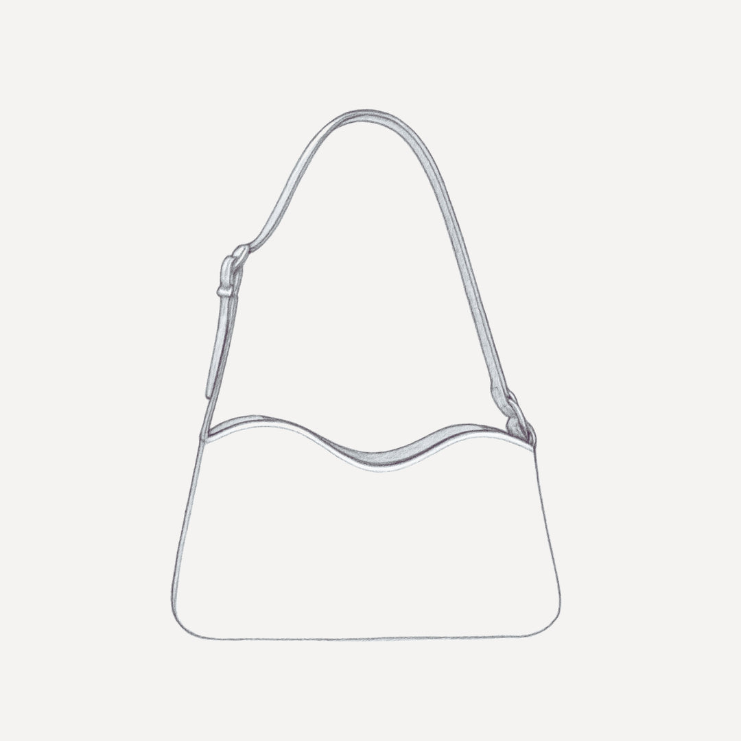 Feine Designskizze unserer Schultertasche MILEVA mit klarer Linienführung