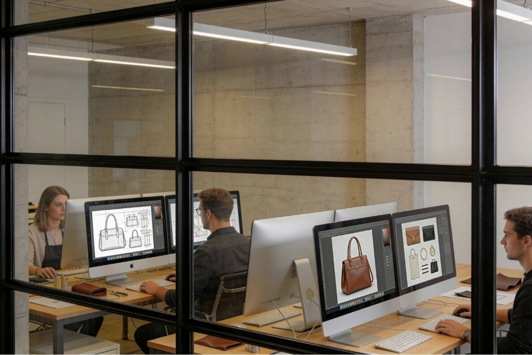 Designerteam arbeitet am Computer an 3D-Modellen des Kulturbeutels Atlas.