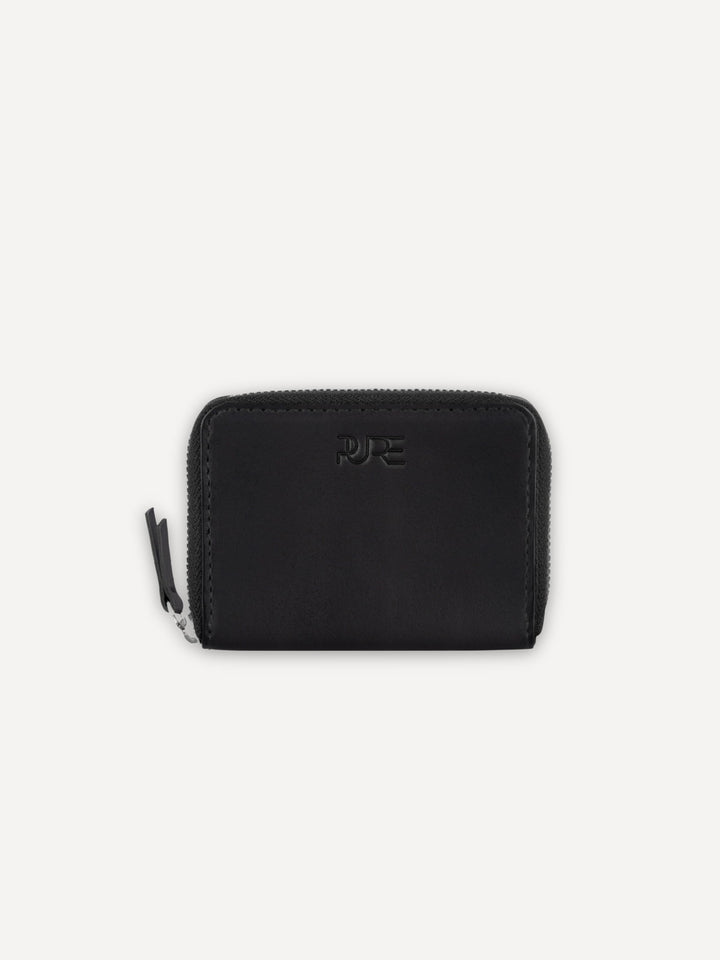 Kompakte schwarze Geldbörse MAIA Mini aus echtem Leder mit Reißverschluss im minimalistischen Design