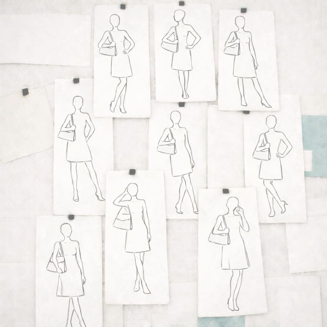 Skizzenhafte Darstellung der schwarzen Leder-Schultertasche Mileva an verschiedenen Tragevarianten für Damen