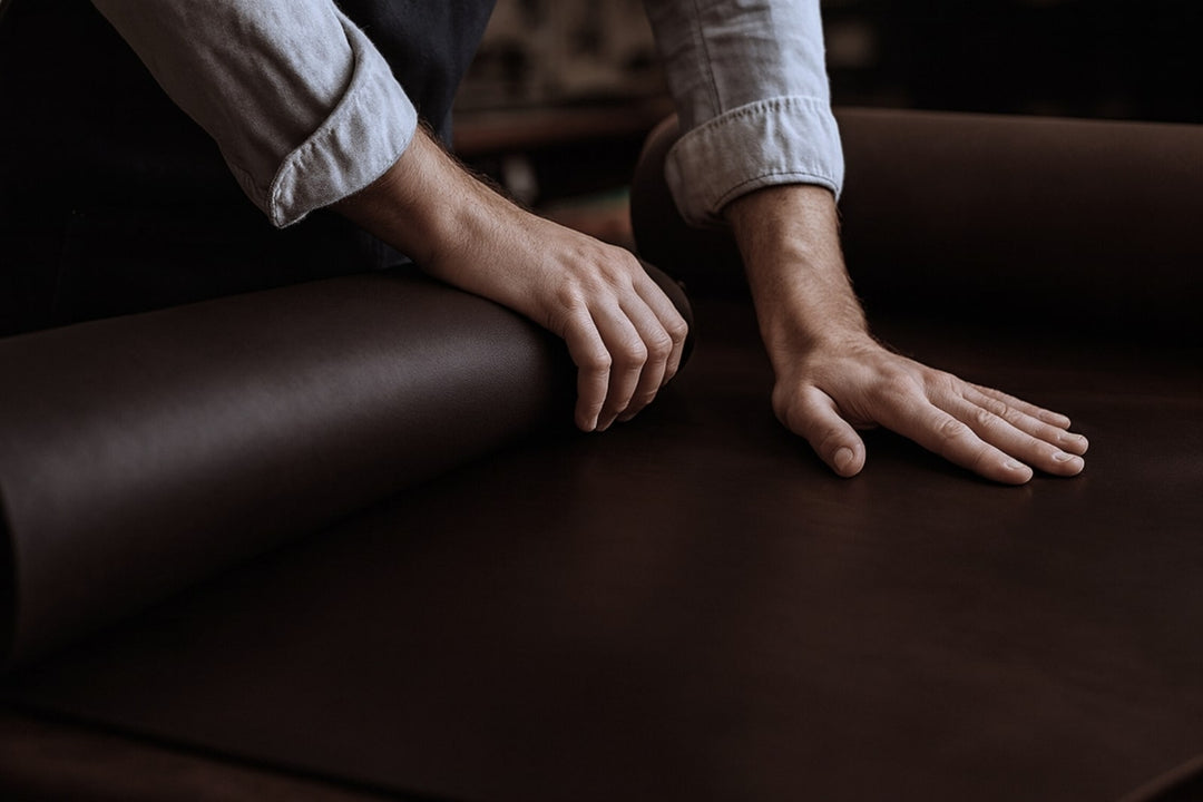 Handarbeit an einer großen Lederfläche für den Kulturbeutel Atlas.