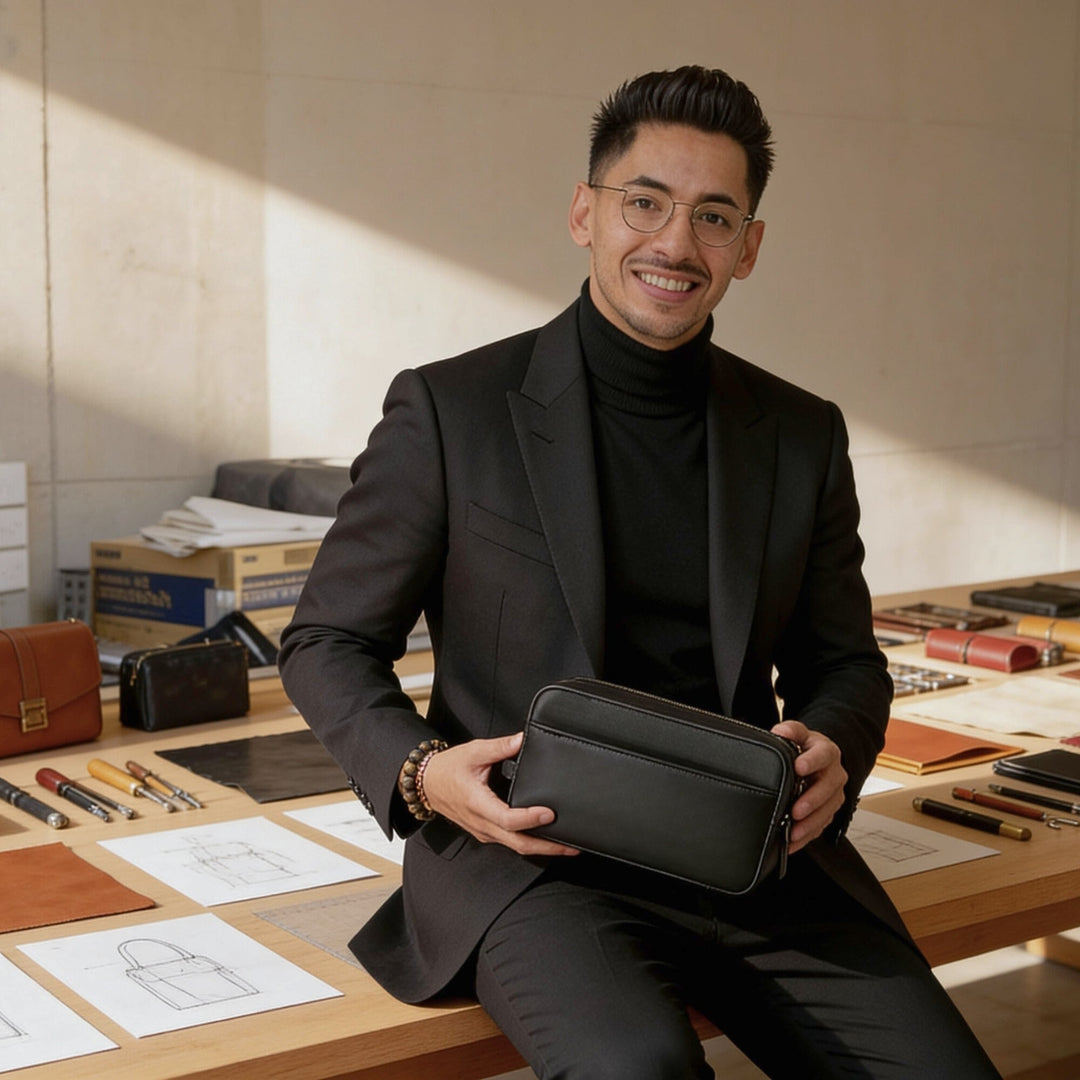 Jan, Gründer der nachhaltigen Ledertaschenmarke, präsentiert eine handgefertigte Tasche