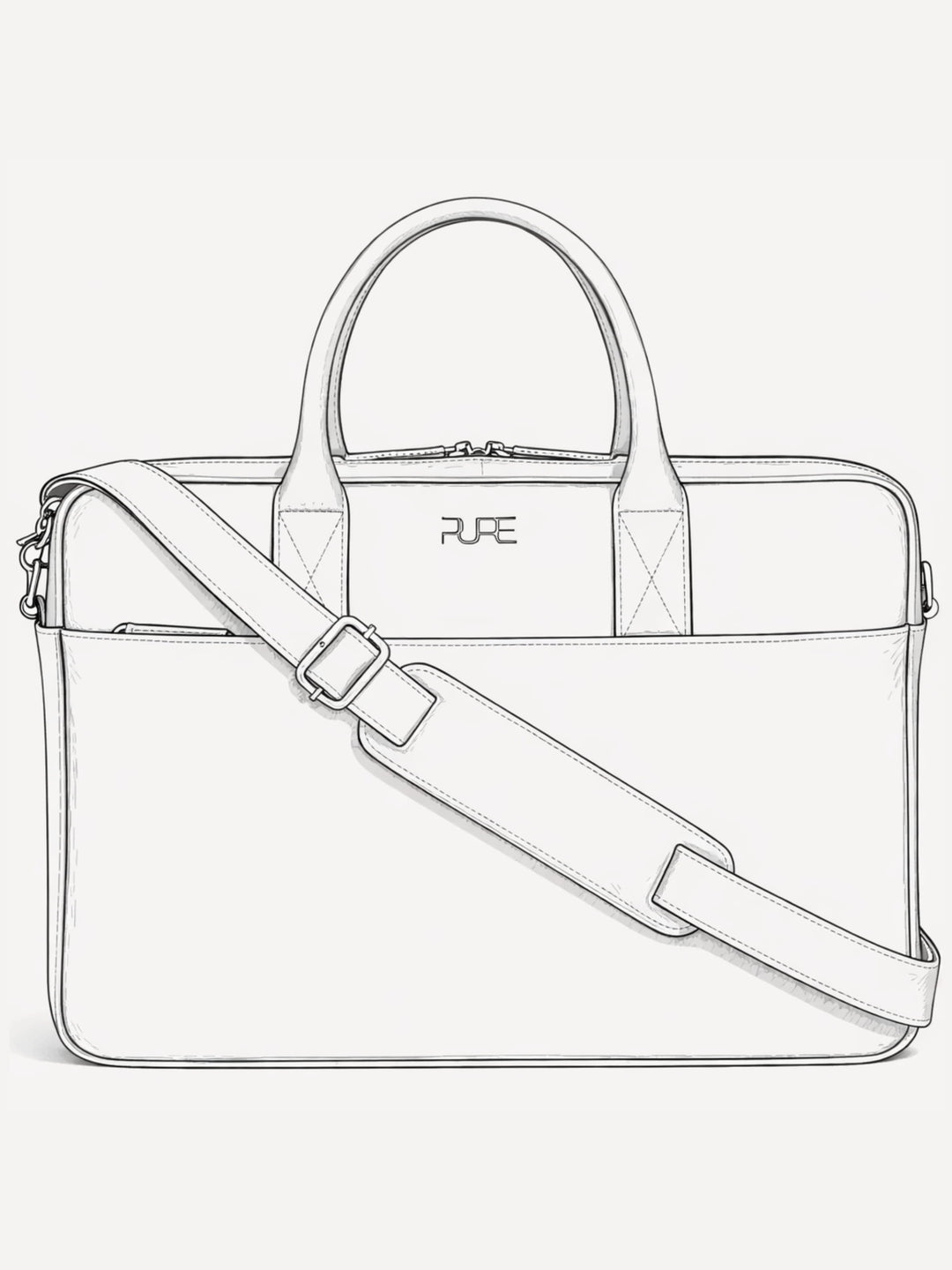 Technische Zeichnung der Leder-Laptoptasche Naos mit Tragegriffen und Schultergurt in Frontansicht