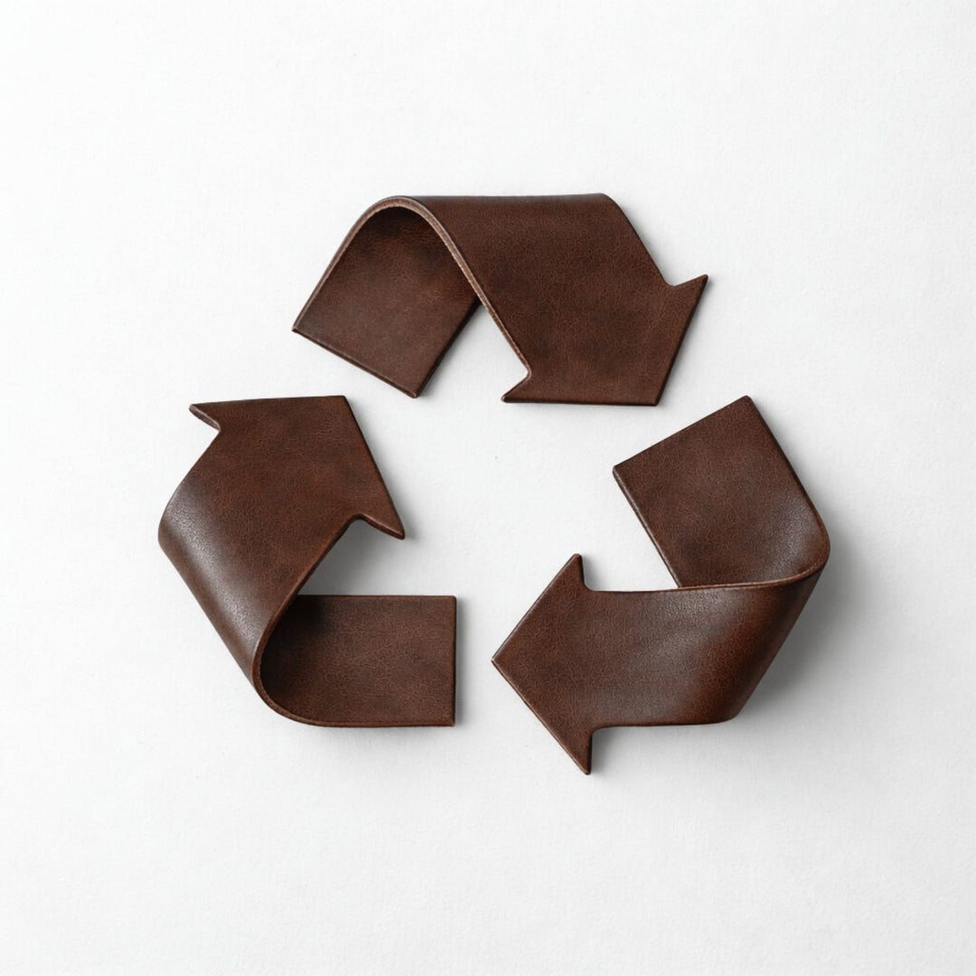 Hochwertiges Recycling-Symbol aus braunem Leder mit authentischer Lederoberfläche auf hellem Hintergrund