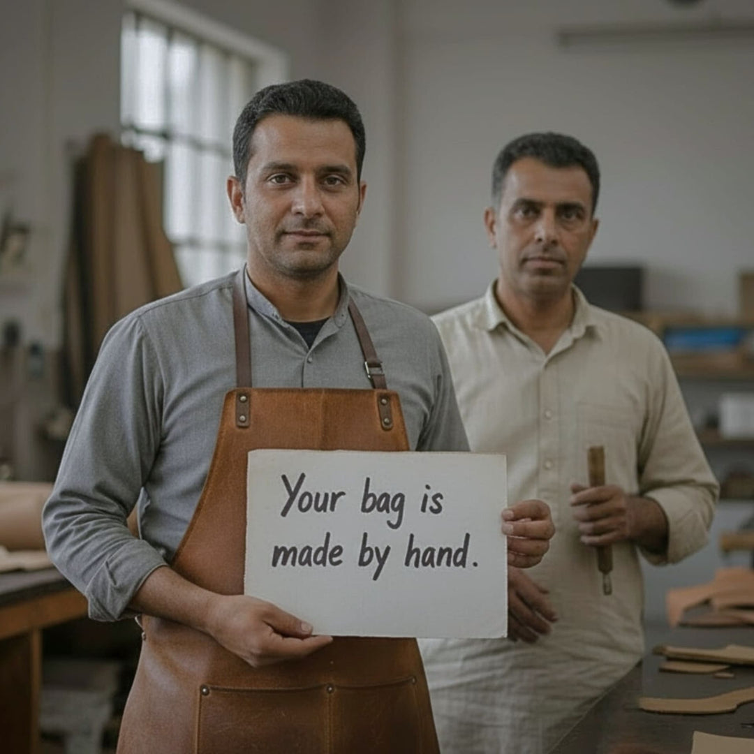 Lederhandwerker in einer Manufaktur zeigen nachhaltige Taschenproduktion in Handarbeit