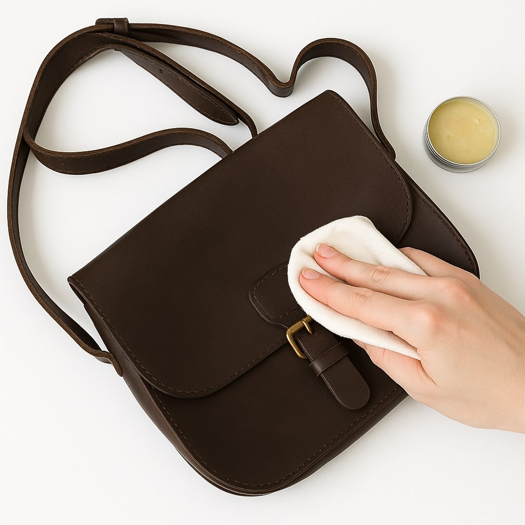 Lederpflege mit weichem Tuch gleichmäßig auf eine Glattledertasche auftragen