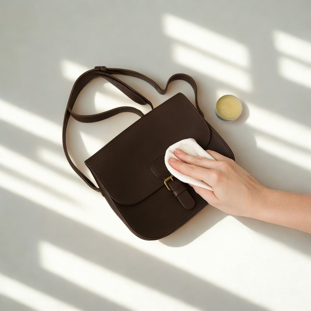 Hand pflegt eine braune Ledertasche mit natürlichem Lederbalsam bei weichem Tageslicht.