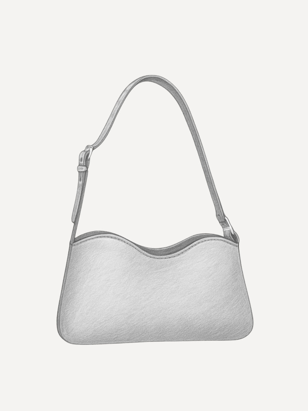 Schattierte Designskizze der Leder Schultertasche MILEVA in eleganter Frontansicht mit geschwungener Oberkante