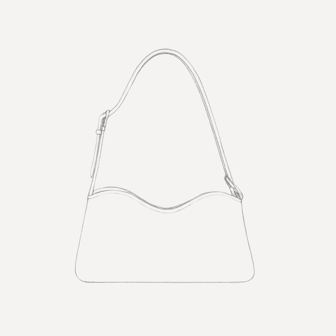 Verfeinerte Designskizze der Schultertasche MILEVA mit klarer Linienführung