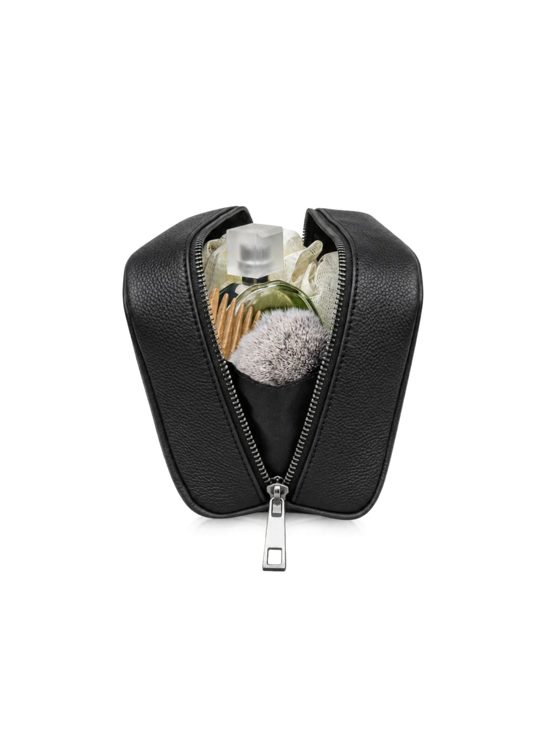 MIRA Kosmetiktasche aus schwarzem Leder - geöffnet mit Inhalt