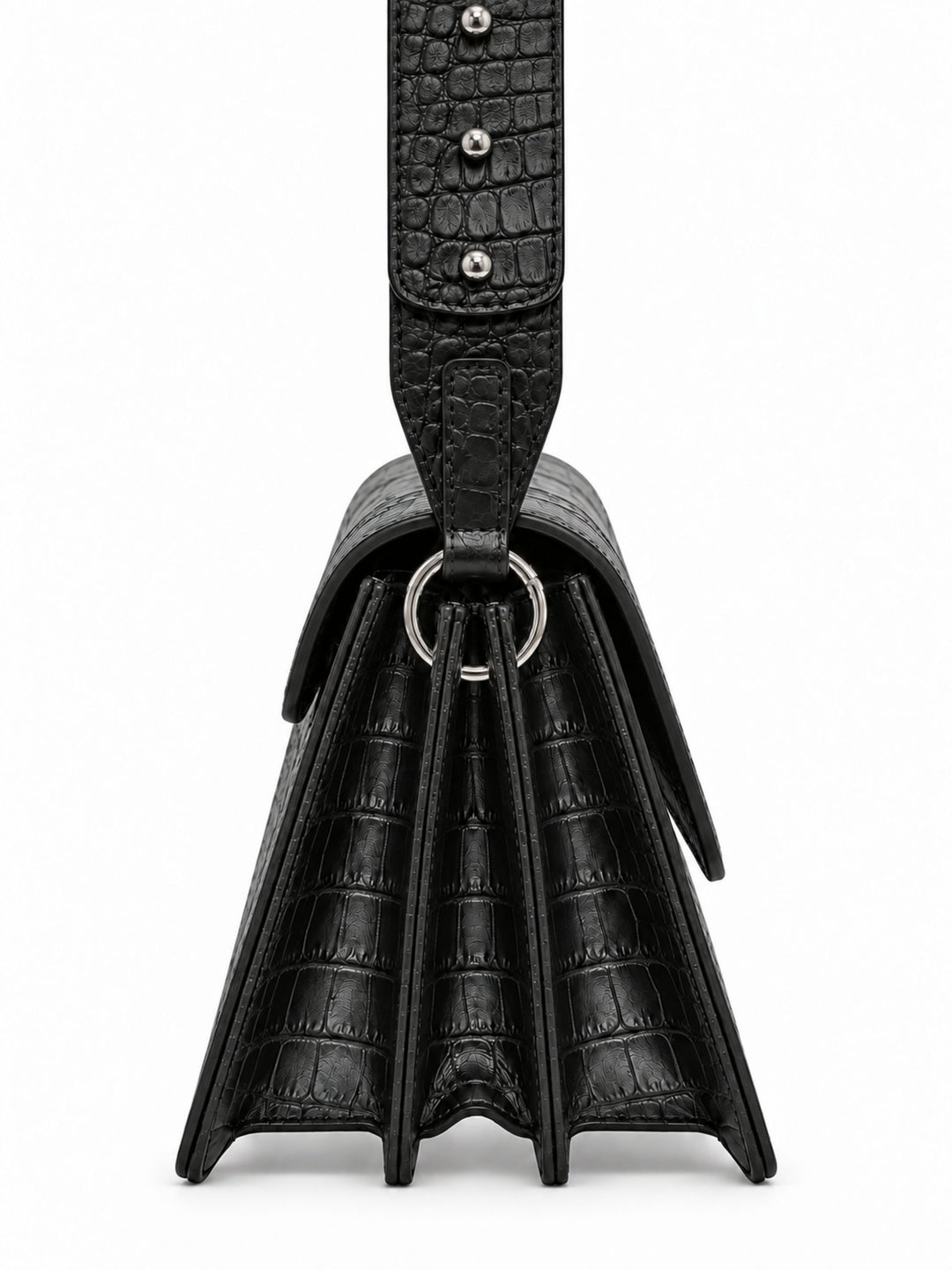 OPHELIA schwarze Croco Ledertasche mit seitlicher Faltenkonstruktion