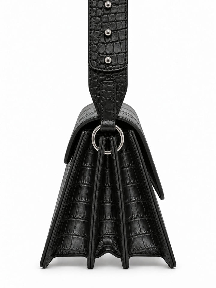 OPHELIA schwarze Croco Ledertasche mit seitlicher Faltenkonstruktion