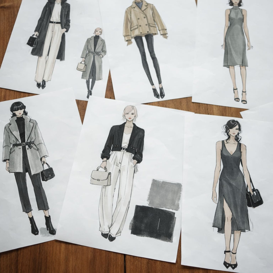 Schwarze Damen-Schultertasche mit kurzem Schultergurt kombiniert mit verschiedenen eleganten Outfits in Fashion-Illustrationen