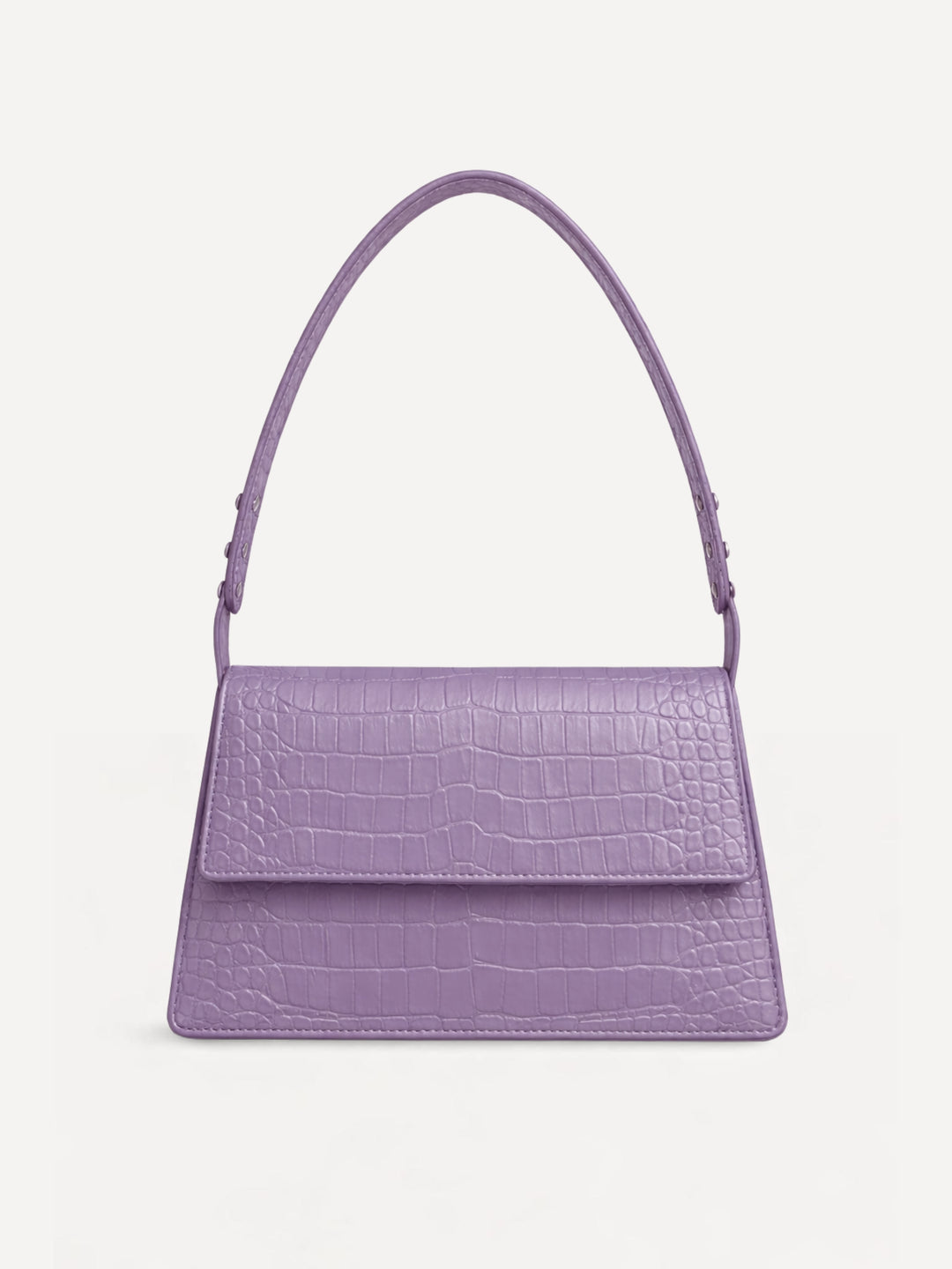 Lavender Schultertasche OPHELIA aus croco-geprägtem Leder in Frontansicht mit strukturierter Oberfläche und schmalem Schulterriemen